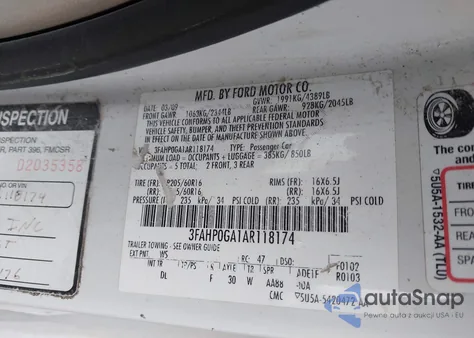 2010 Ford Fusion S z USA, uszkodzony, nr VIN 3FAHP0GA1AR118174